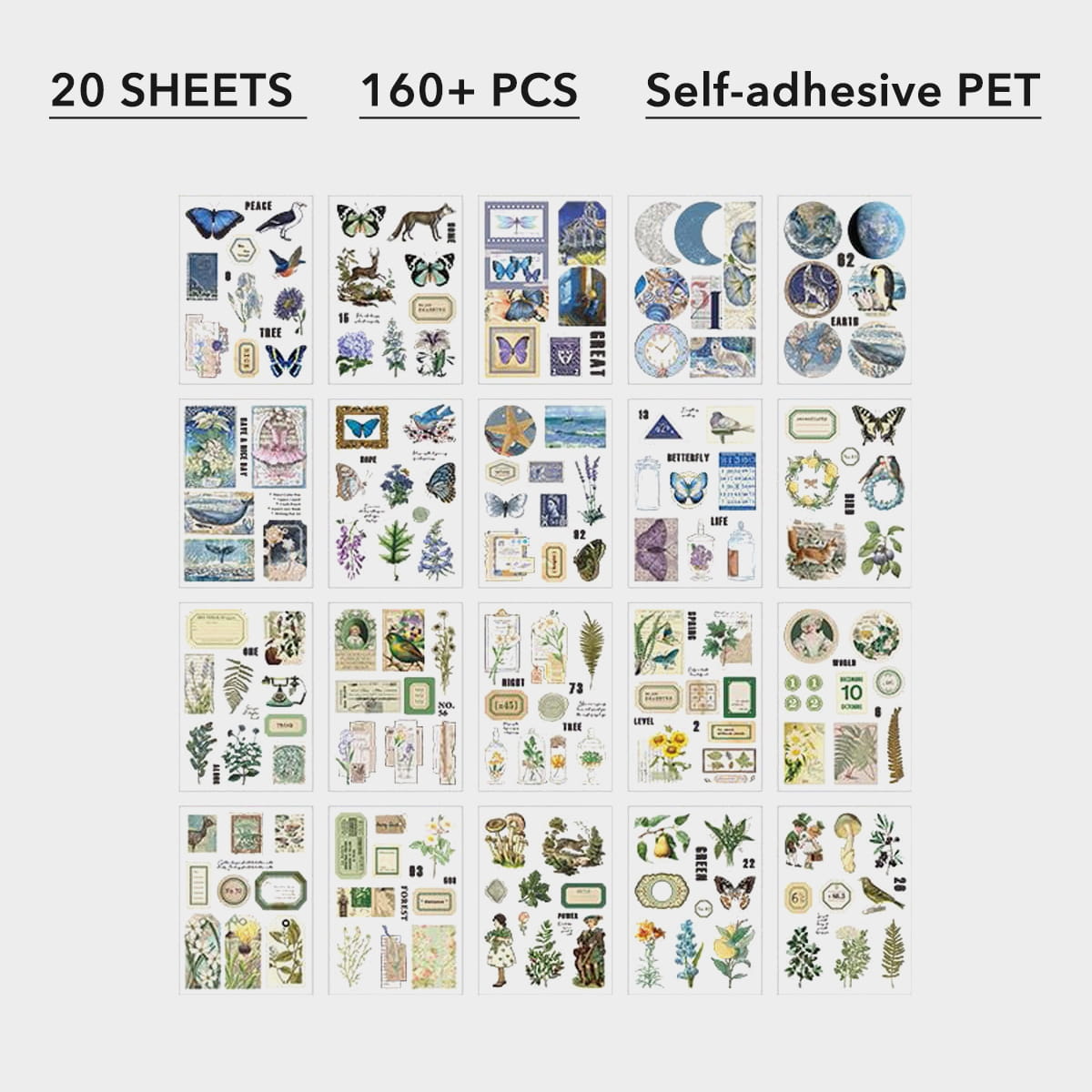 20 Sheets Vintage Precut PET Stickers Scrapbook